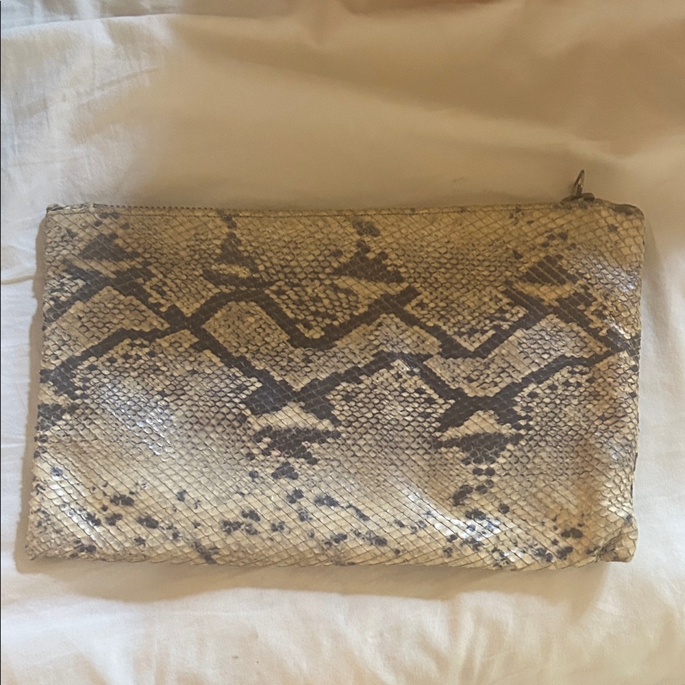 Leather Python-Print Zip Clutch Wallet - Beige & Brown